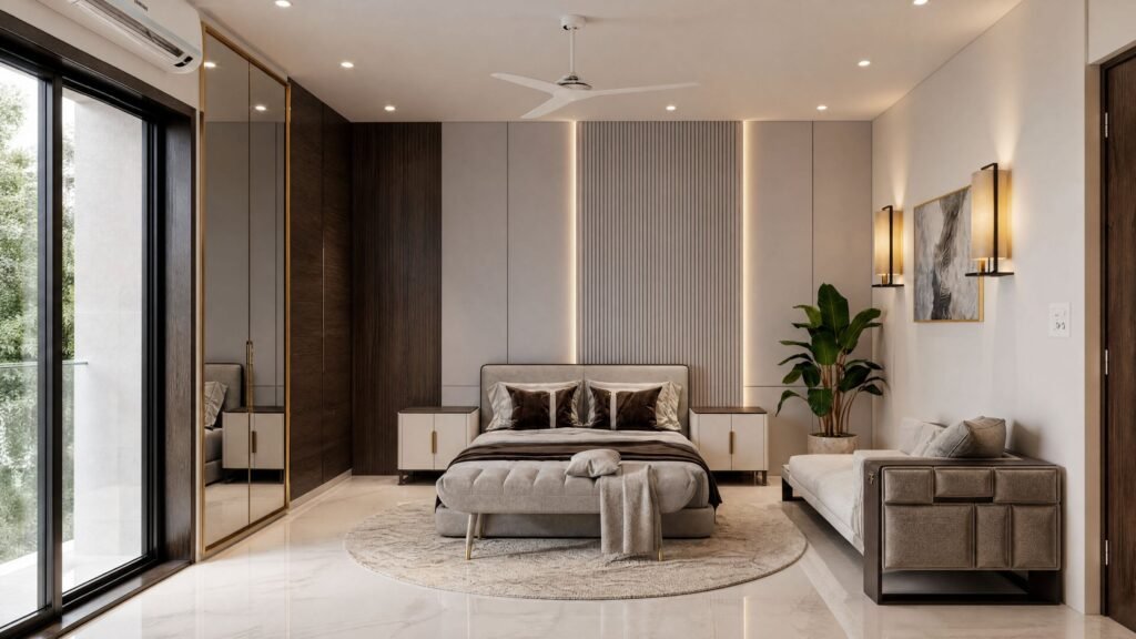 Bedroom with fluted backlit headboard wall, gold-framed mirror wardrobe and upholstered bench by Abacus Design Studio